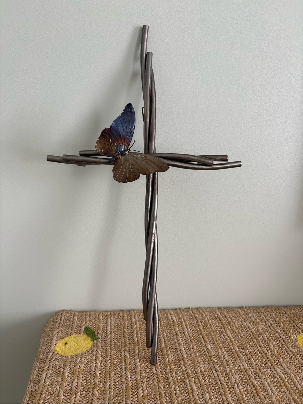 Industrial Welded Woven Steel Cross Wall Art Butterfly Metal Sculpture Christian